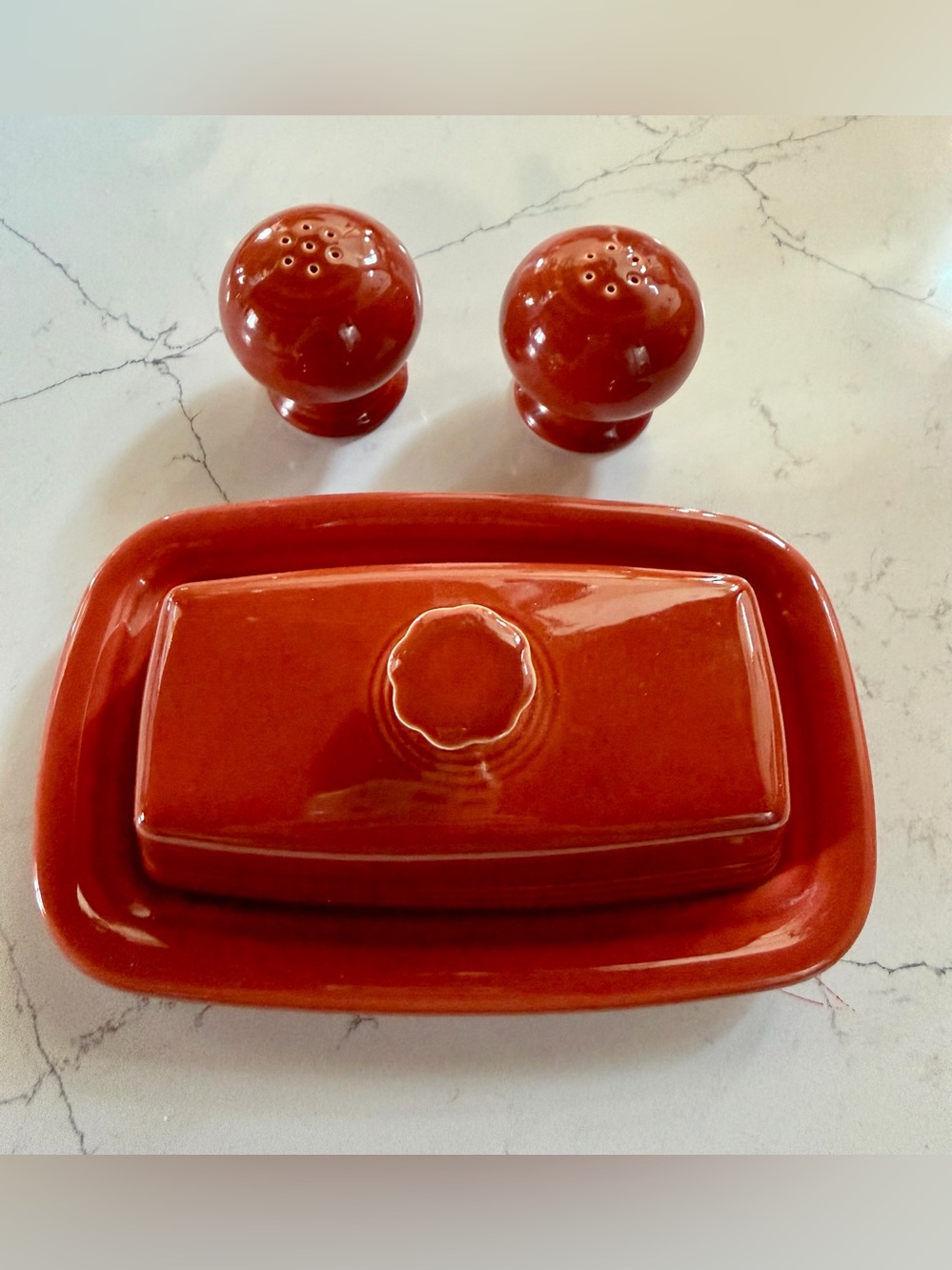 Fiesta Burnt Orange Ceramic Butter Dish with Matching Salt & Pepper Shakers